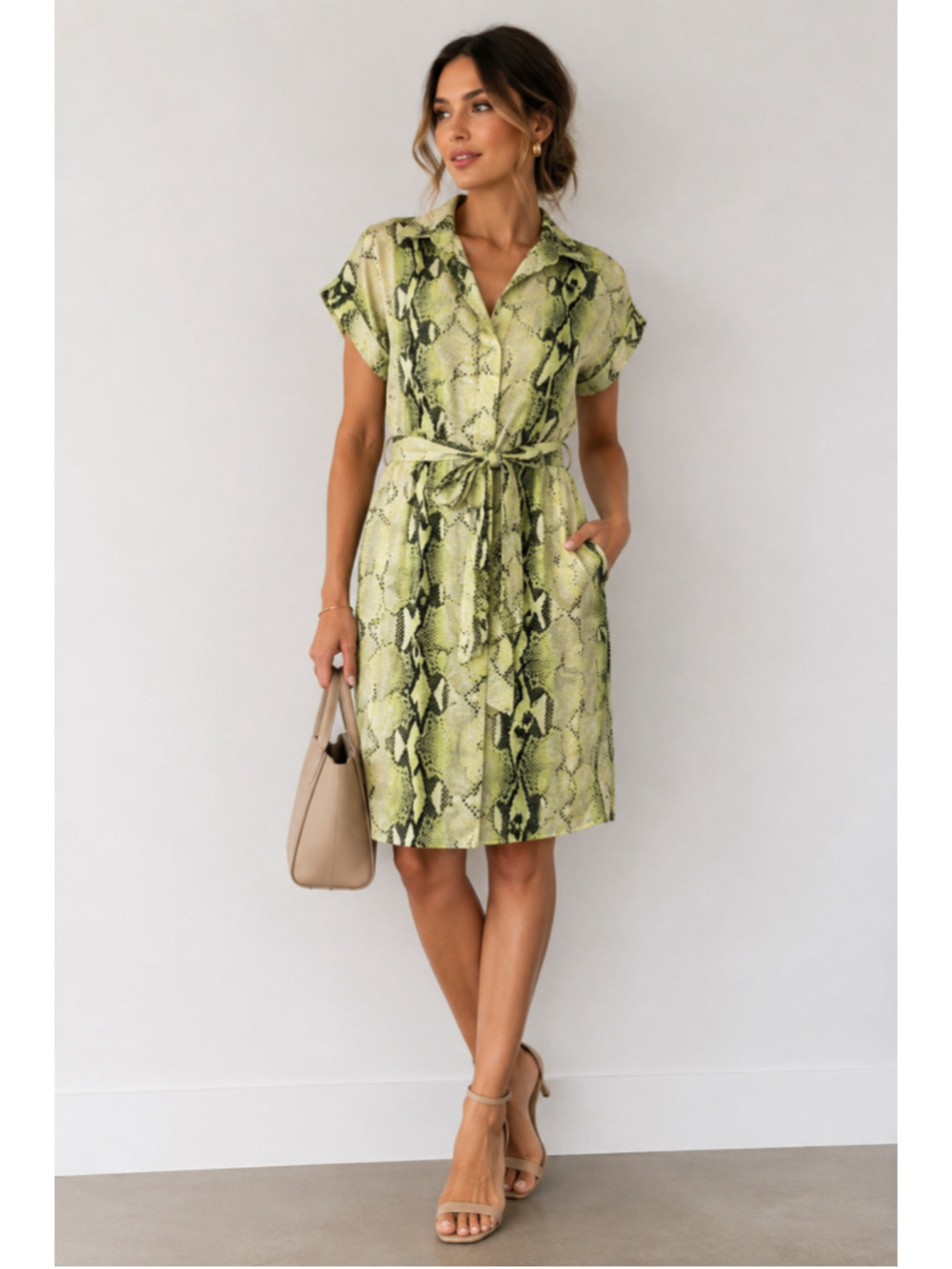 Piazza del tempo linen dress shirt dress midi snake print green sz sm summer